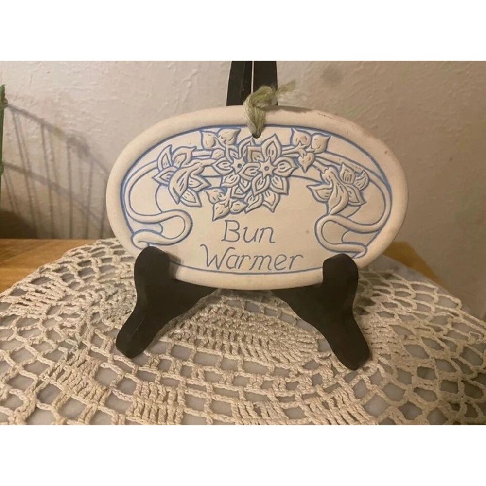Vintage 1992 Lyn Ulick Ceramic Bun Warmer - Blue Art Nouveau Floral Motif